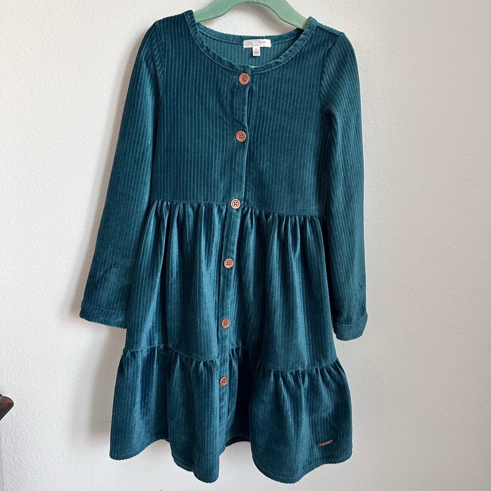 Girls Teal Velvet Corduroy Button-Front Dress